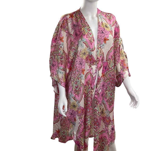Floral Paisley Print Sheer Pink Kimono Duster Bohemian Festival Cover Up - Picture 3 of 10